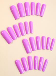 24入組XXL超長方形素色假指甲,紫色顏色,簡約風格,包括1入組指甲銼和1入組果凍膠水 - 紫羅蘭色 - 查看 2
