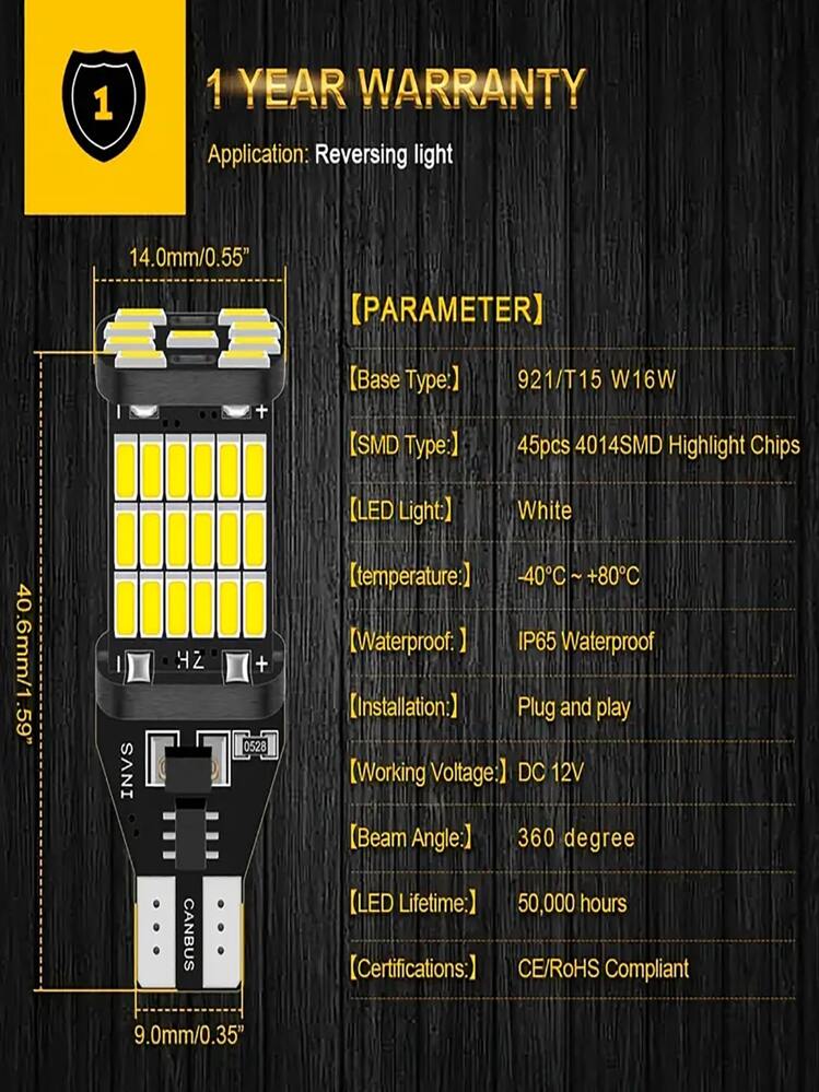 2入組 921/T15 W16W 4014SMD 防水汽車倒車燈 - 白色 - 查看 4