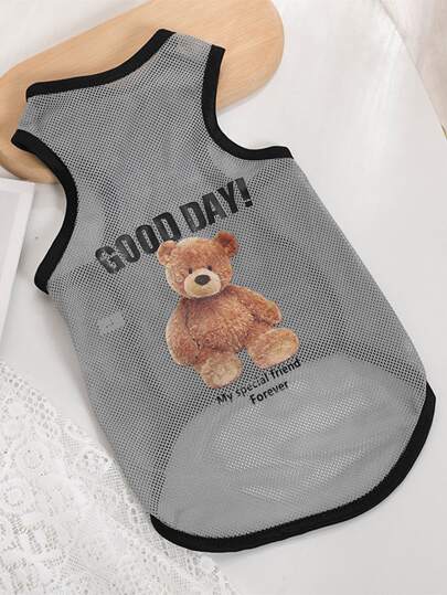 1入組薄網紗背心帶熊圖案圖案適用於小型犬和貓,透氣適合夏天