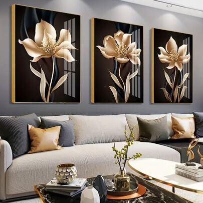 Set de 3 lienzos con pintura abstracta de flores doradas, arte floral y botánico, estilo de lujo minimalista moderno, imagen de pared sin marco para sala de estar, dormitorio, decoración del hogar. Regalo de arte para cumpleaños y graduación.