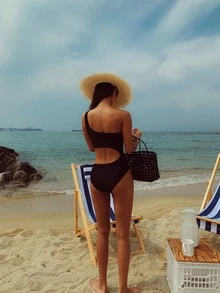 Cut Out One Shoulder One Piece Swimsuit Summer - Black - View 2