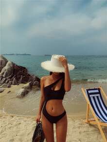 Cut Out One Shoulder One Piece Swimsuit Summer - Black - View 3