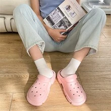 1 đôi dép bít mũi đế dày, màu trơn, thoáng khí, chống trơn, kiểu dáng thoải mái, chống trượt, unisex. - Hồng - Xem 4