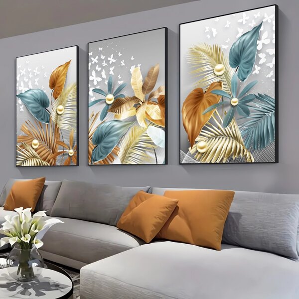 3 pièces Peinture sur canevas abstraite des feuilles d'or de papillon de plante tropicale, affiche d'œuvre d'art de feuille de palmier, style de luxe minimaliste et moderne. Image murale pour salon, chambre à coucher, décoration de la maison, sans cadre, cadeau d'art mural pour anniversaire et remise de diplôme