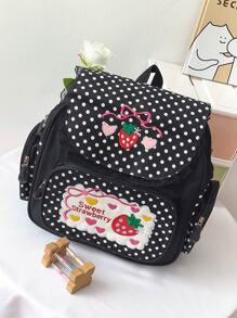 Mochila de mujer con bordado lindo de fresa y gran capacidad - Negro - Ver 1