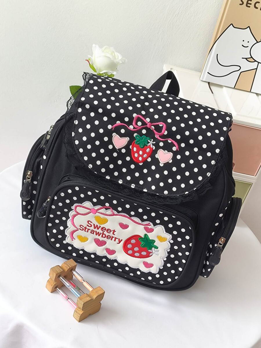 Mochila de mujer con bordado lindo de fresa y gran capacidad - Negro - Ver 1