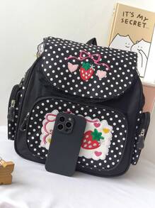 Mochila de mujer con bordado lindo de fresa y gran capacidad - Negro - Ver 3