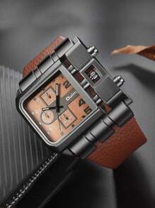 Reloj de cuarzo cuadrado para hombre OULM, correa ancha, reloj de cuarzo de moda casual para hombres, reloj de estudiante de tipo deportivo con esfera grande, estilo de banda punk hip-hop - Marrón - Ver 1