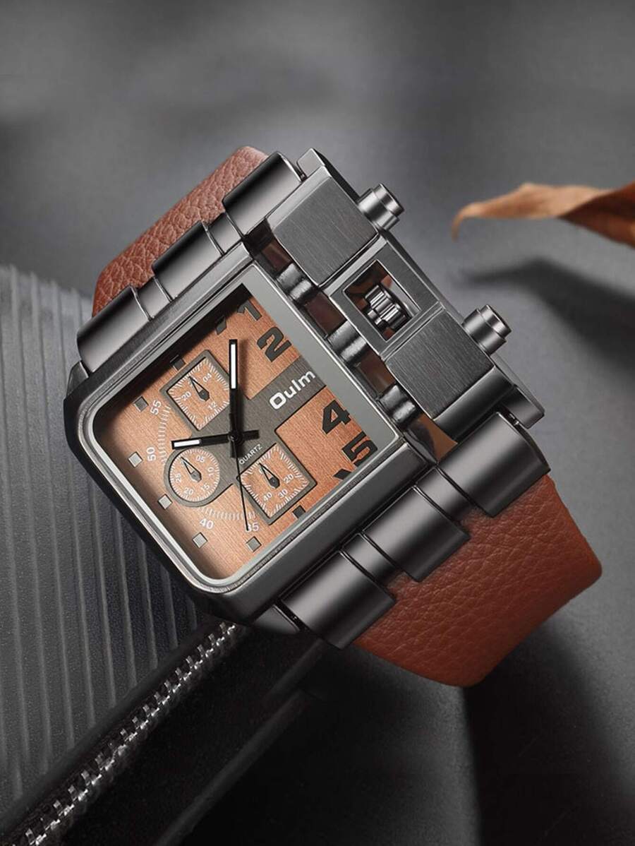 Reloj de cuarzo cuadrado para hombre OULM, correa ancha, reloj de cuarzo de moda casual para hombres, reloj de estudiante de tipo deportivo con esfera grande, estilo de banda punk hip-hop - Marrón - Ver 1