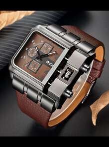 Reloj de cuarzo cuadrado para hombre OULM, correa ancha, reloj de cuarzo de moda casual para hombres, reloj de estudiante de tipo deportivo con esfera grande, estilo de banda punk hip-hop - Marrón - Ver 2