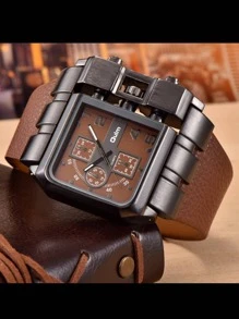 Reloj de cuarzo cuadrado para hombre OULM, correa ancha, reloj de cuarzo de moda casual para hombres, reloj de estudiante de tipo deportivo con esfera grande, estilo de banda punk hip-hop - Marrón - Ver 3