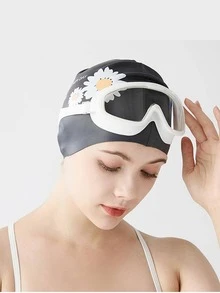 成人男女長發防水無頭矽膠游泳帽印花圖案大頭圍 - 黑色 - 查看 4