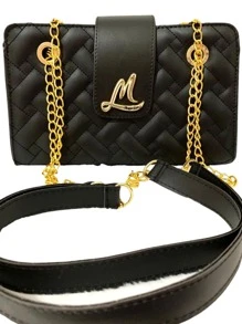Bolsa Feminina Transversal ML Media A tira-colo corrente Dourada com Alça Paris. - Preto - Visão 3