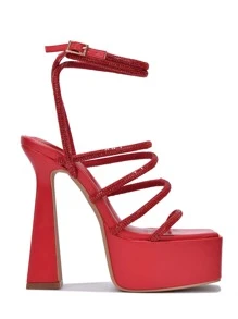 Women's  Strappy Rhinestone Rope Block Heels - Platform Square Toe Metallic/Holo Strappy Ultra High Heel For Special Events - 紅色 - 查看 1
