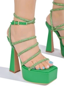 Women's  Strappy Rhinestone Rope Block Heels - Platform Square Toe Metallic/Holo Strappy Ultra High Heel For Special Events - 綠色 - 查看 3