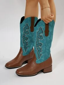Women's Retro Style Western Cowboy Boots With Embroidery, Patchwork, Chunky Heel, Elegant And Fashionable, Green/brown