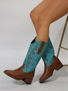 Women's Retro Style Western Cowboy Boots With Embroidery, Patchwork, Chunky Heel, Elegant And Fashionable, Green/brown