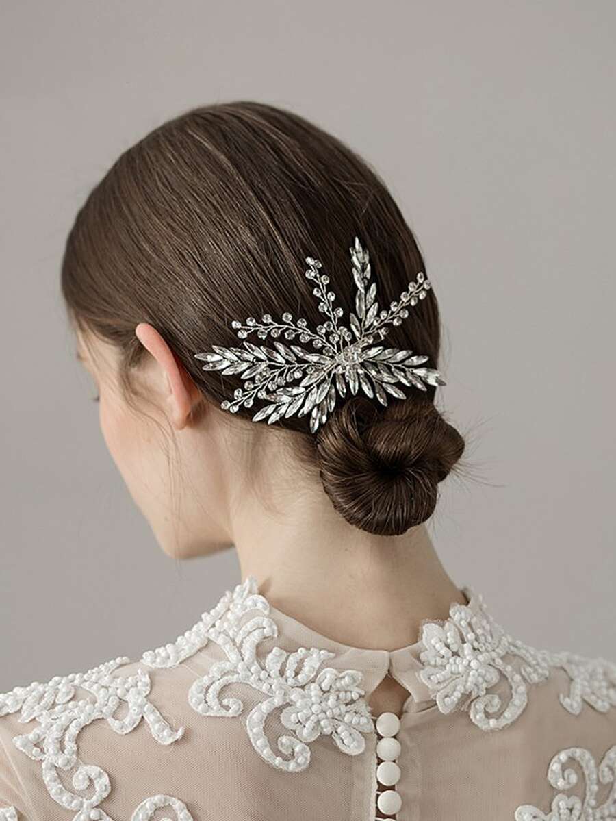 新娘婚禮髮梳銀色水晶發片水鑽頭飾新娘髮夾側梳女士和女孩髮飾 - 銀色 - 查看 1