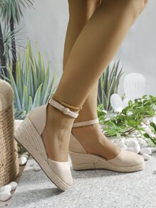 Women's High Heel French Style Wedge Sandals With Tie-up Straw Weaving, Fashionable Round Toe Hollow Fisherman Shoes With Ankle Strap