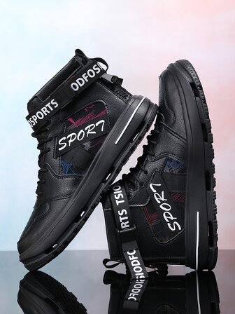 Fashionable Comfortable High Top Sneakers With Letter Print Lace-up, Black