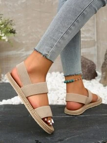 Sandalias planas romanas de lino de estilo minimalista y casual para mujer, con punta redonda, banda elástica beige, pantuflas para interiores, para playa hawaiana, hotel, resort y uso de estudiantes en la playa - Beis - Ver 4