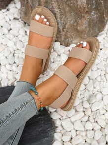 Sandalias planas romanas de lino de estilo minimalista y casual para mujer, con punta redonda, banda elástica beige, pantuflas para interiores, para playa hawaiana, hotel, resort y uso de estudiantes en la playa - Beis - Ver 5