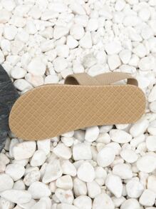 Sandalias planas romanas de lino de estilo minimalista y casual para mujer, con punta redonda, banda elástica beige, pantuflas para interiores, para playa hawaiana, hotel, resort y uso de estudiantes en la playa - Beis - Ver 6