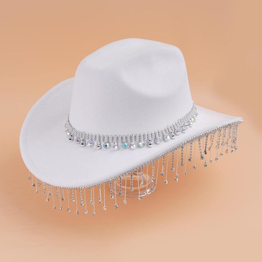 1 件流苏水钻西部牛仔帽，适合派对、爵士表演等。派对牛仔帽女牛仔帽万圣节