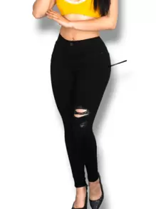 Pantalon Negro Dalma Roto Cintura Alta Stretch Jeans Negro Roto - Negro - Ver 1