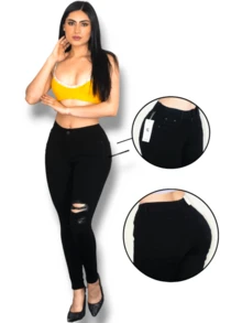 Pantalon Negro Dalma Roto Cintura Alta Stretch Jeans Negro Roto - Negro - Ver 2