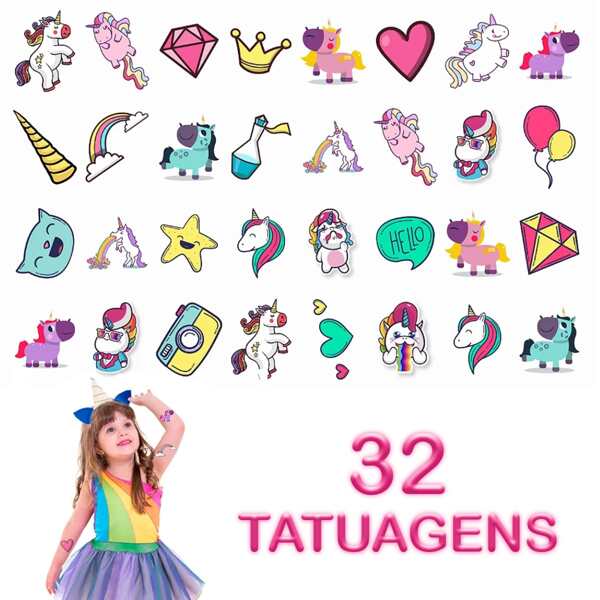 Kit 32 uni Tatuagem Criança Tema unicornio Meninas