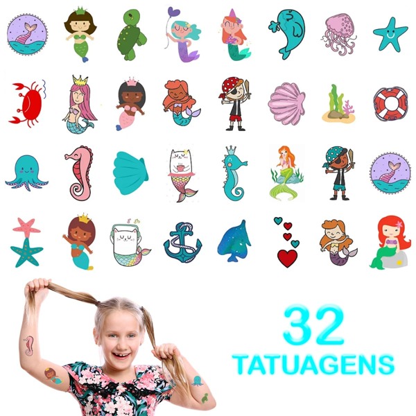 Kit 32 uni Tatuagem Criança Tema sereia  Meninas