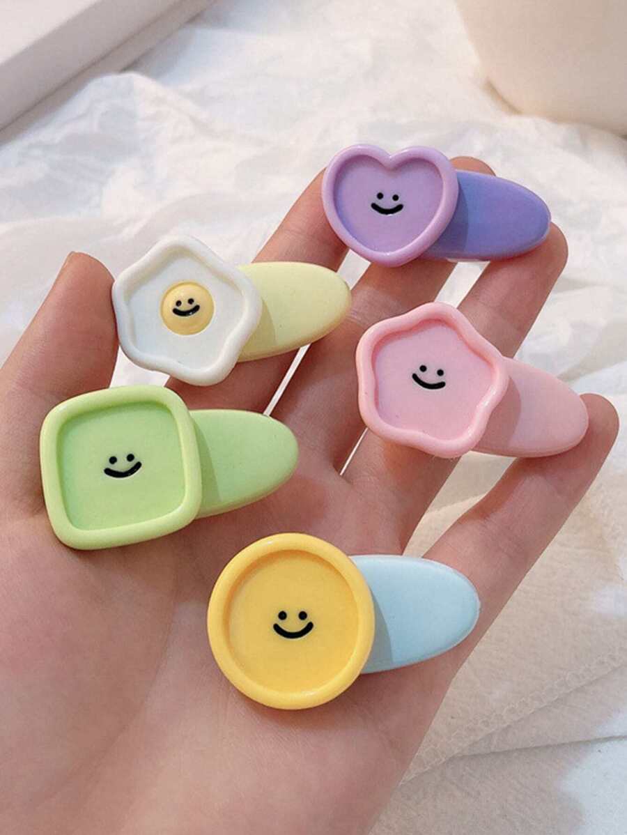 5入組可愛馬克長表情圖案髮夾適合女孩側劉海、髮夾 - 彩色 - 查看 1