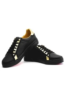Tenis Hombre Sneakers Negros Detalles Dorado - Negro - Ver 3