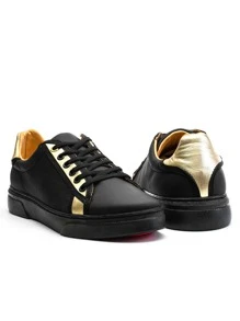 Tenis Hombre Sneakers Negros Detalles Dorado - Negro - Ver 2