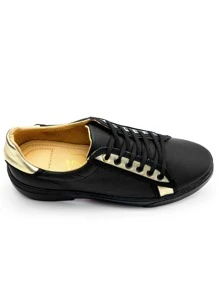 Tenis Hombre Sneakers Negros Detalles Dorado - Negro - Ver 6
