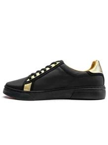 Tenis Hombre Sneakers Negros Detalles Dorado - Negro - Ver 5