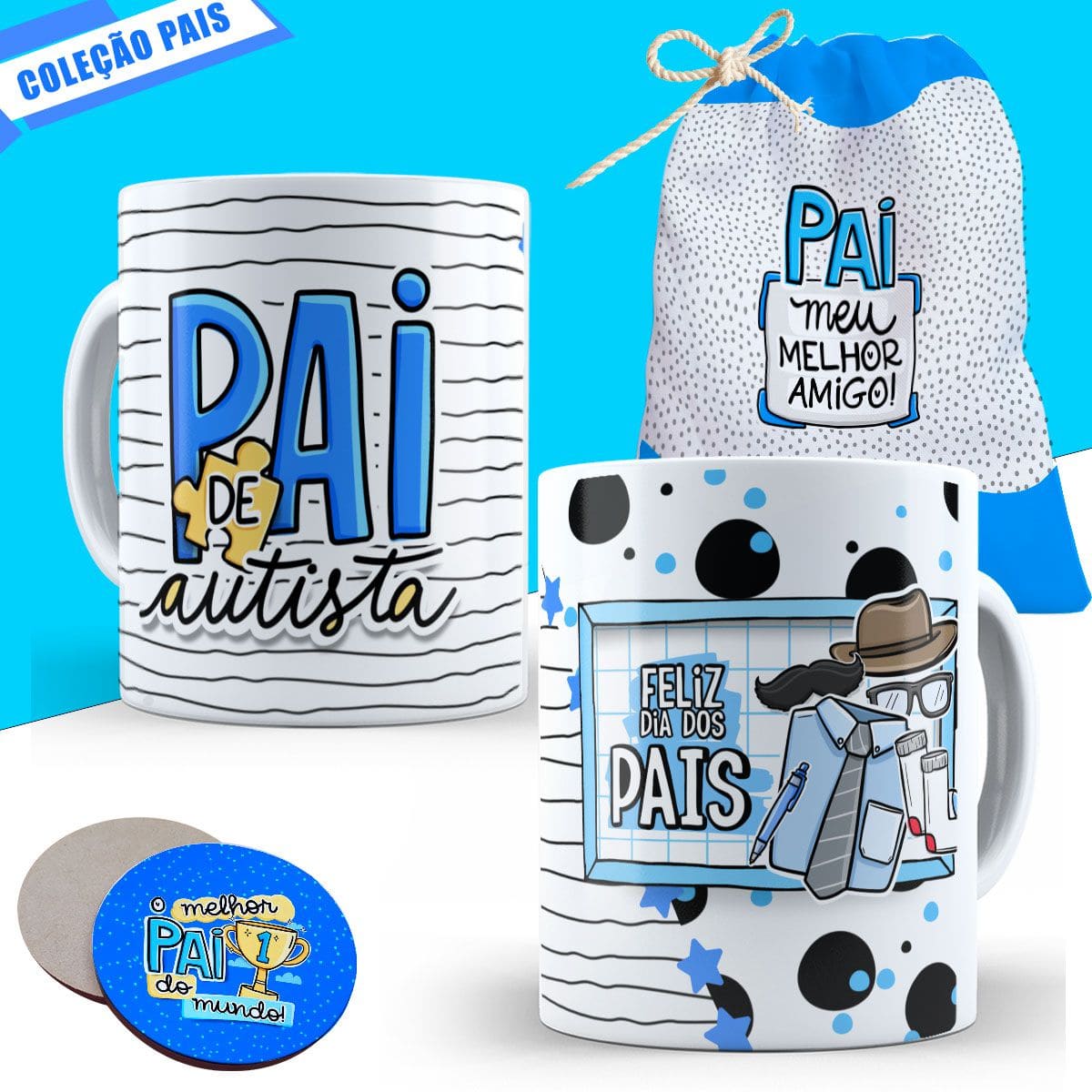 Kit de Caneca De Café De Porcelana Para O Dia Dos Pais Saquinho e Porta Copos para Lembrancinha e Presente Mod. 1290 - Branco - Visão 1