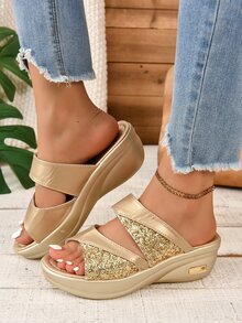 女士韩版闪亮露趾厚底凉鞋，带绑带，夏季新款，金色，个性化，时尚坡跟拖鞋 - 金色 - 查看 3