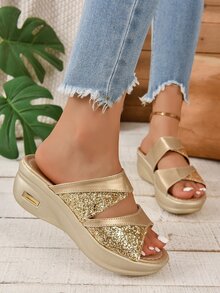 女士韩版闪亮露趾厚底凉鞋，带绑带，夏季新款，金色，个性化，时尚坡跟拖鞋 - 金色 - 查看 5