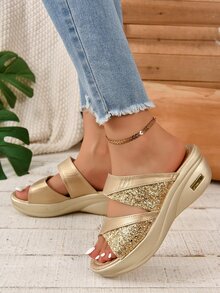 女士韩版闪亮露趾厚底凉鞋，带绑带，夏季新款，金色，个性化，时尚坡跟拖鞋 - 金色 - 查看 4