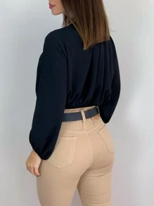 Blusa Feminina Manga Longe Gola Alta Drapeado Elástico Moda Super Envio! ! - Preto - Visão 2