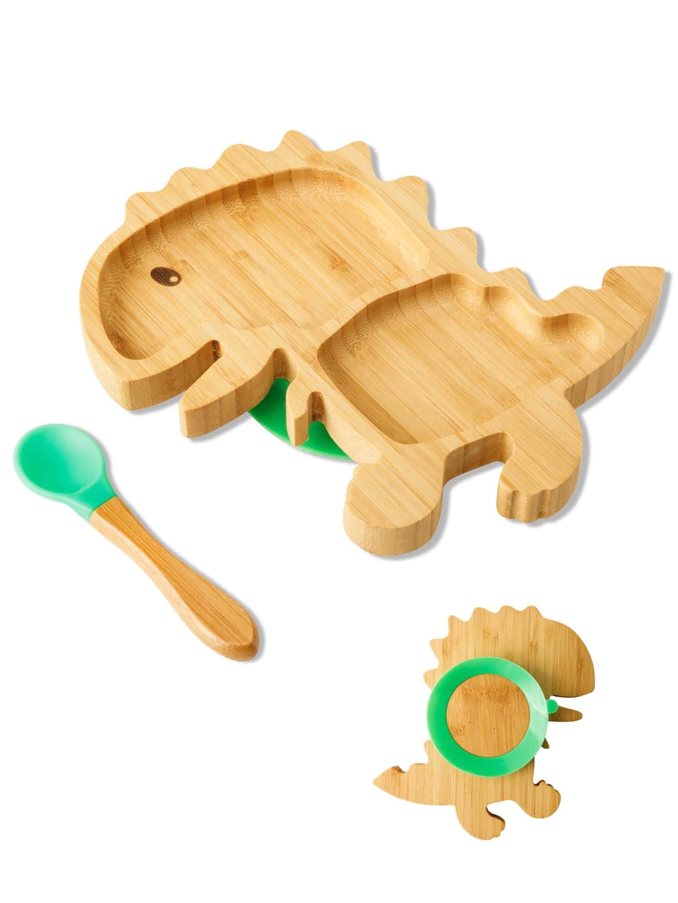 BABYBAMBOO Silicone Plate And Bamboo Baby Spoon - Green - View 1
