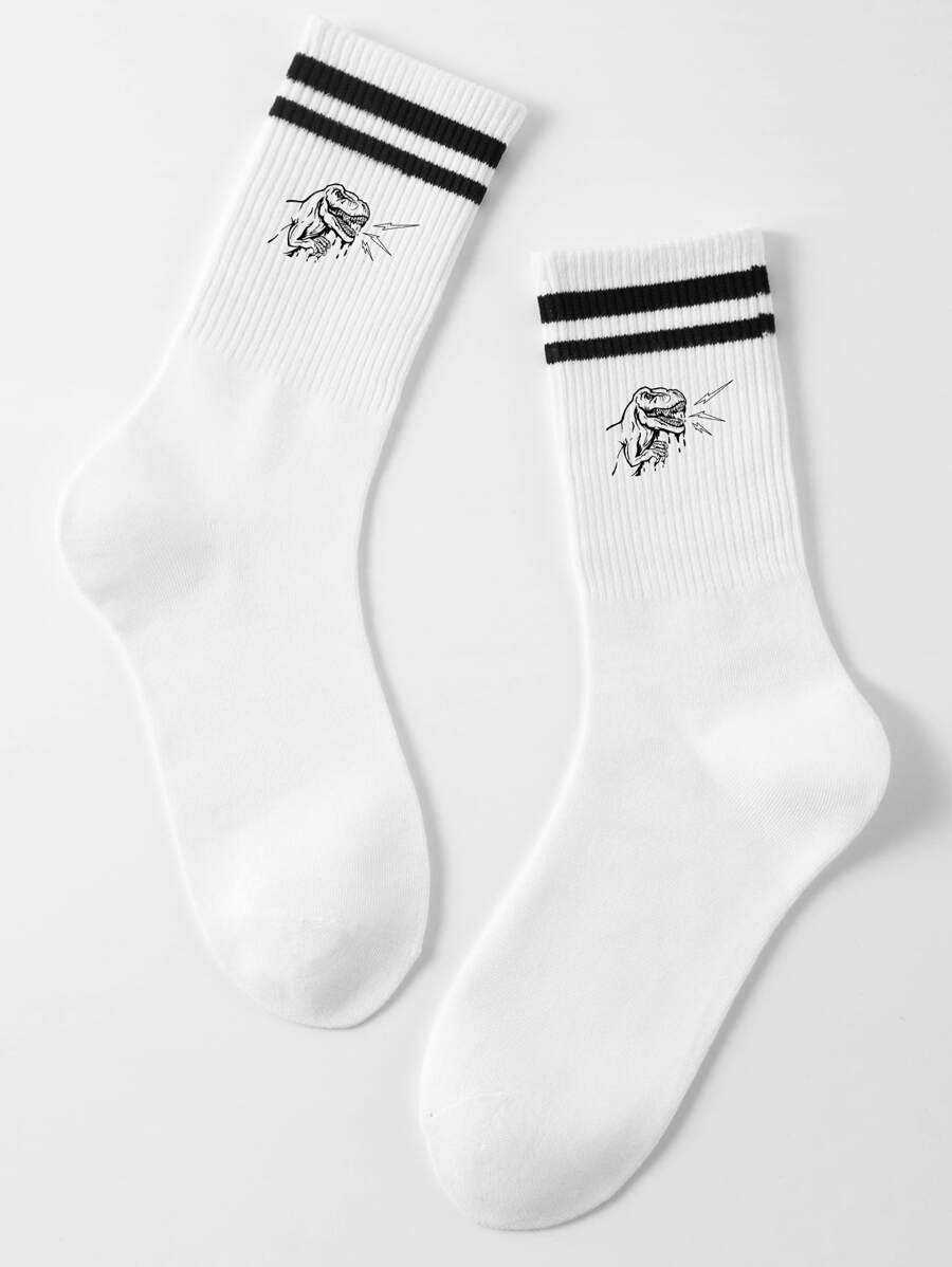 1雙男士中筒襪,恐龍圖案,防異味&吸汗,白色襪子 - 黑與白 - 查看 1