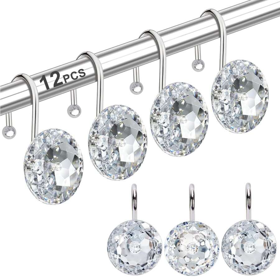 12PCS Shower Curtain Hooks Rings for Bathroom, Stainless Steel Rust Resistant Decorative Rhinestones Shower Curtain Rings Hangers for Shower Curtains, Clothing, Towels - White - View 1