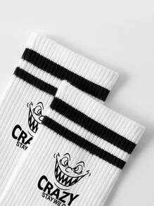 1pair Men's Mid-calf Socks With Double Stripes, Letter & Crazy Pattern, Suitable For Daily Wear - Black and White - View 6