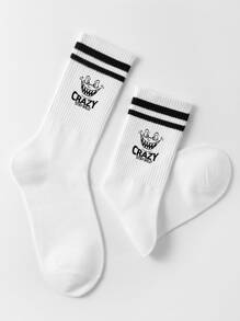 1pair Men's Mid-calf Socks With Double Stripes, Letter & Crazy Pattern, Suitable For Daily Wear - Black and White - View 2