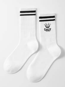 1pair Men's Mid-calf Socks With Double Stripes, Letter & Crazy Pattern, Suitable For Daily Wear - Black and White - View 3