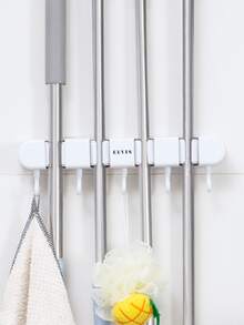 1pc Four-row Abs Mop Clip With 5 Hooks, Modern Simple Design, Wall-mounted Mop Hook For Multifunctional Use, White/grey - White - View 4