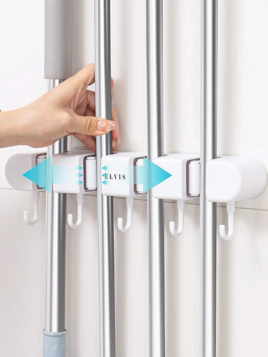 1pc Four-row Abs Mop Clip With 5 Hooks, Modern Simple Design, Wall-mounted Mop Hook For Multifunctional Use, White/grey - White - View 1